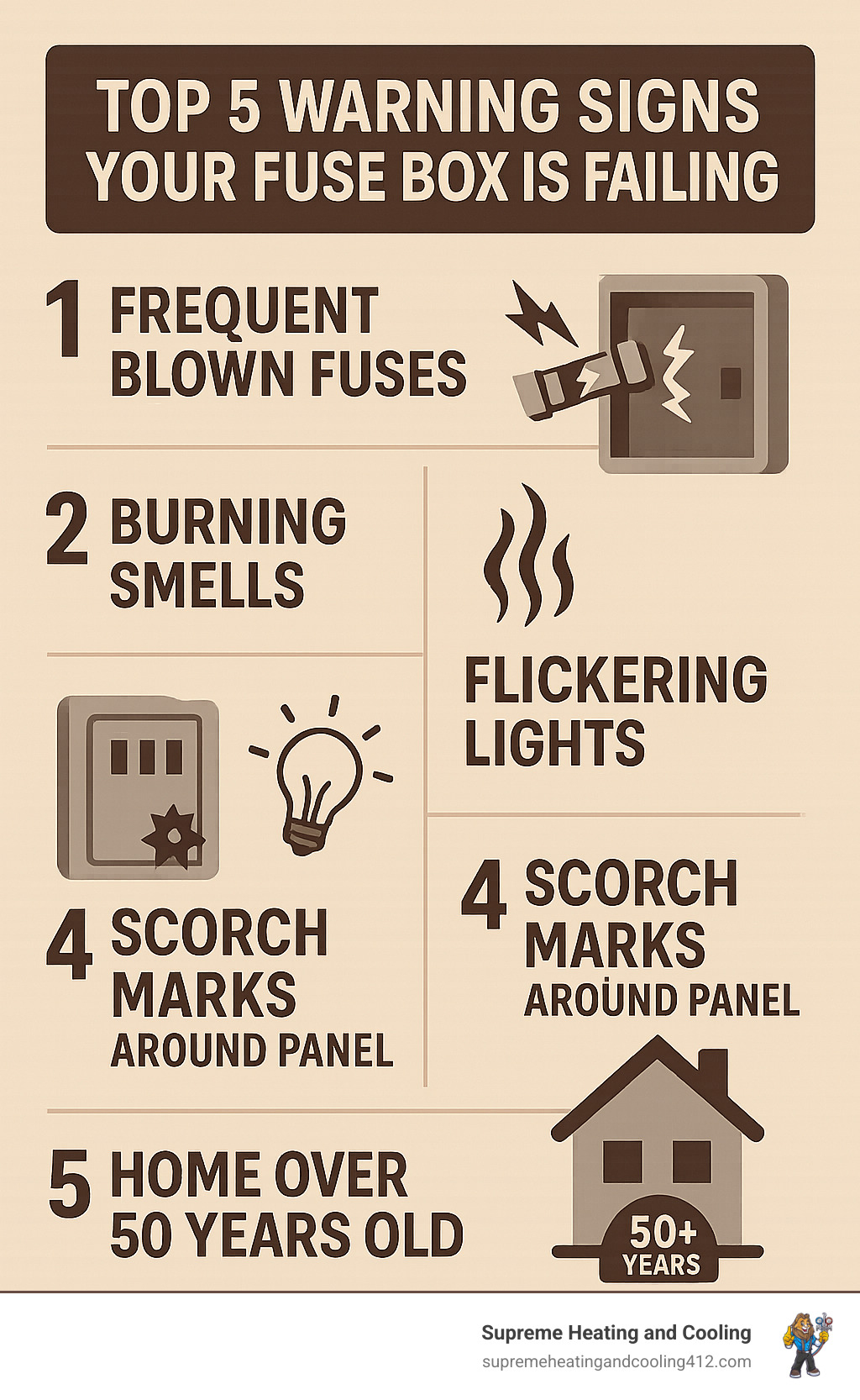 Infographic showing the top 5 warning signs your fuse box is failing: frequent blown fuses, burning smells, flickering lights, scorch marks around the panel, and your home being over 50 years old - fuse box replacement infographic 