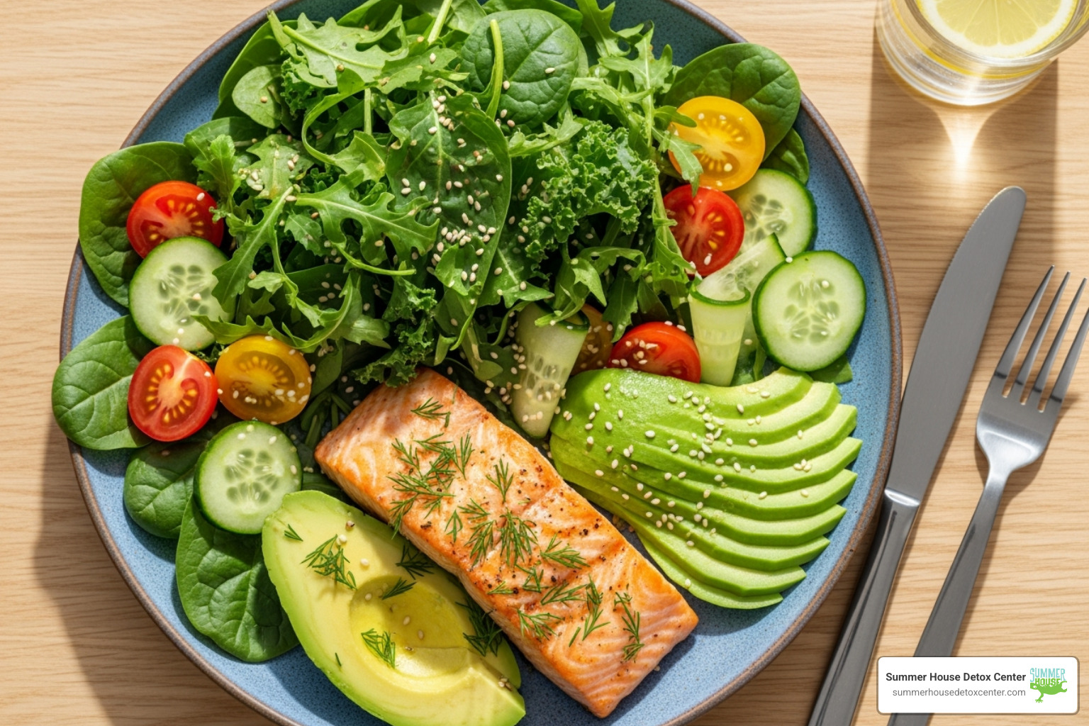 colorful plate of detox-friendly foods like salmon, avocado, and leafy greens - how do i detox from alcohol