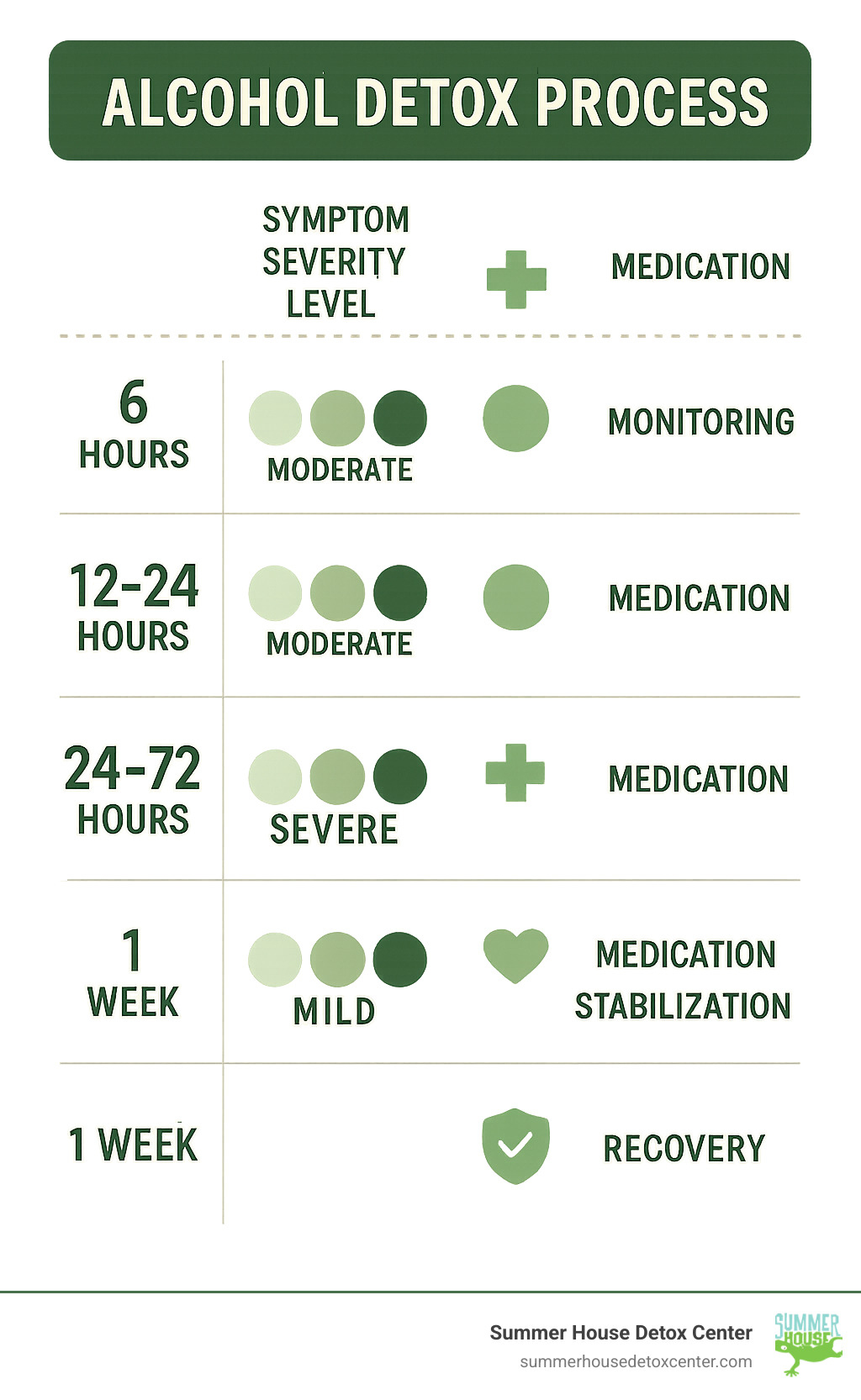 Comprehensive infographic showing the alcohol detox process timeline from 6 hours to 1 week after last drink, including symptom severity levels, medical interventions needed at each stage, and recovery milestones with safety indicators - how do i detox from alcohol infographic 