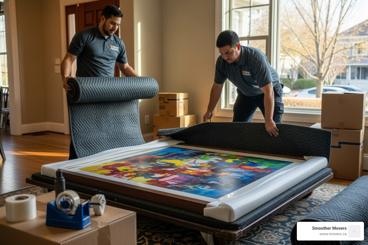 professional movers carefully wrapping a large piece of art - moving companies that move across states professional movers carefully wrapping a large piece of art - moving companies that move across states