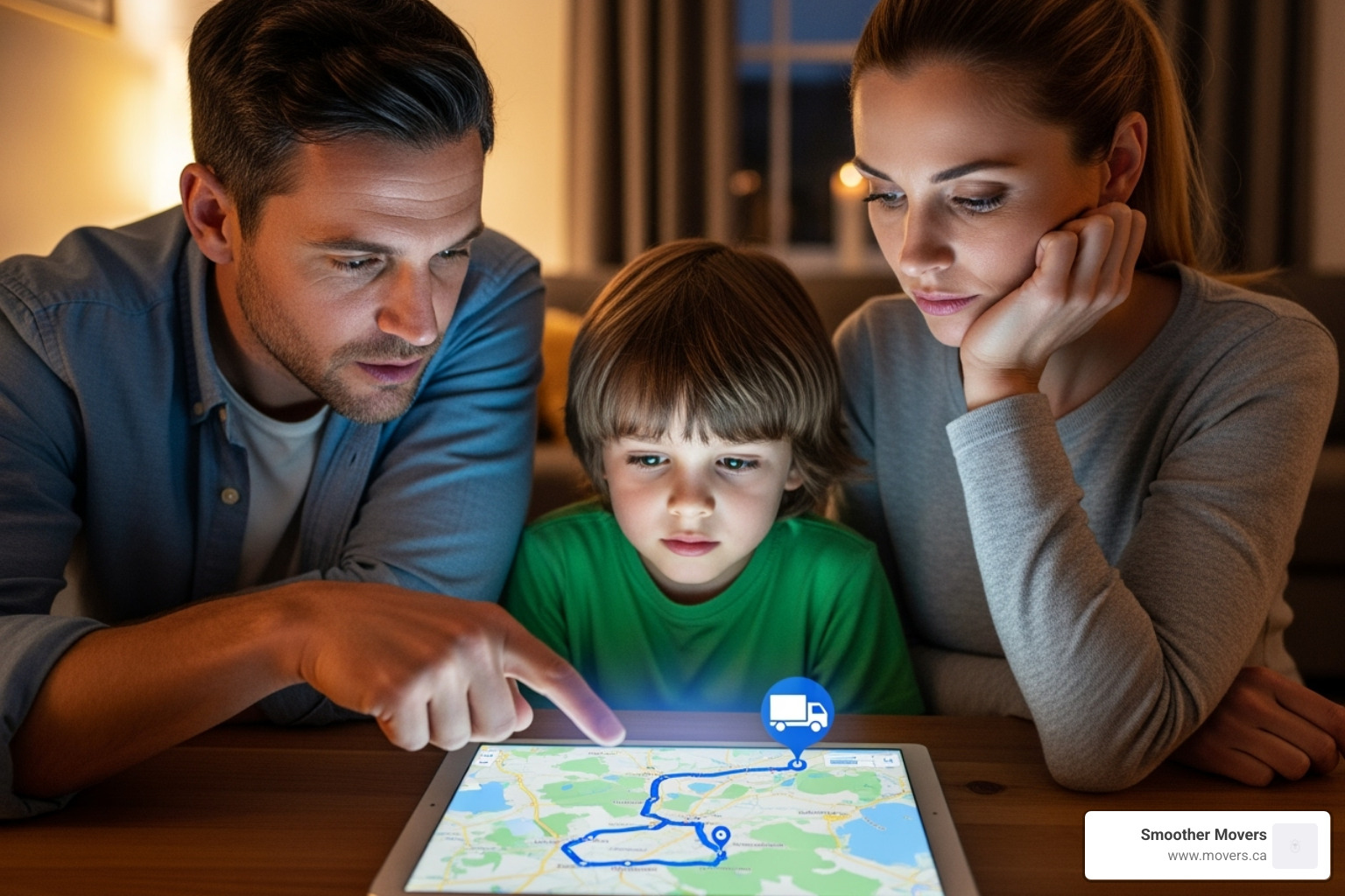 family tracking their move on a tablet with a map in the background - moving companies that move across states family tracking their move on a tablet with a map in the background - moving companies that move across states