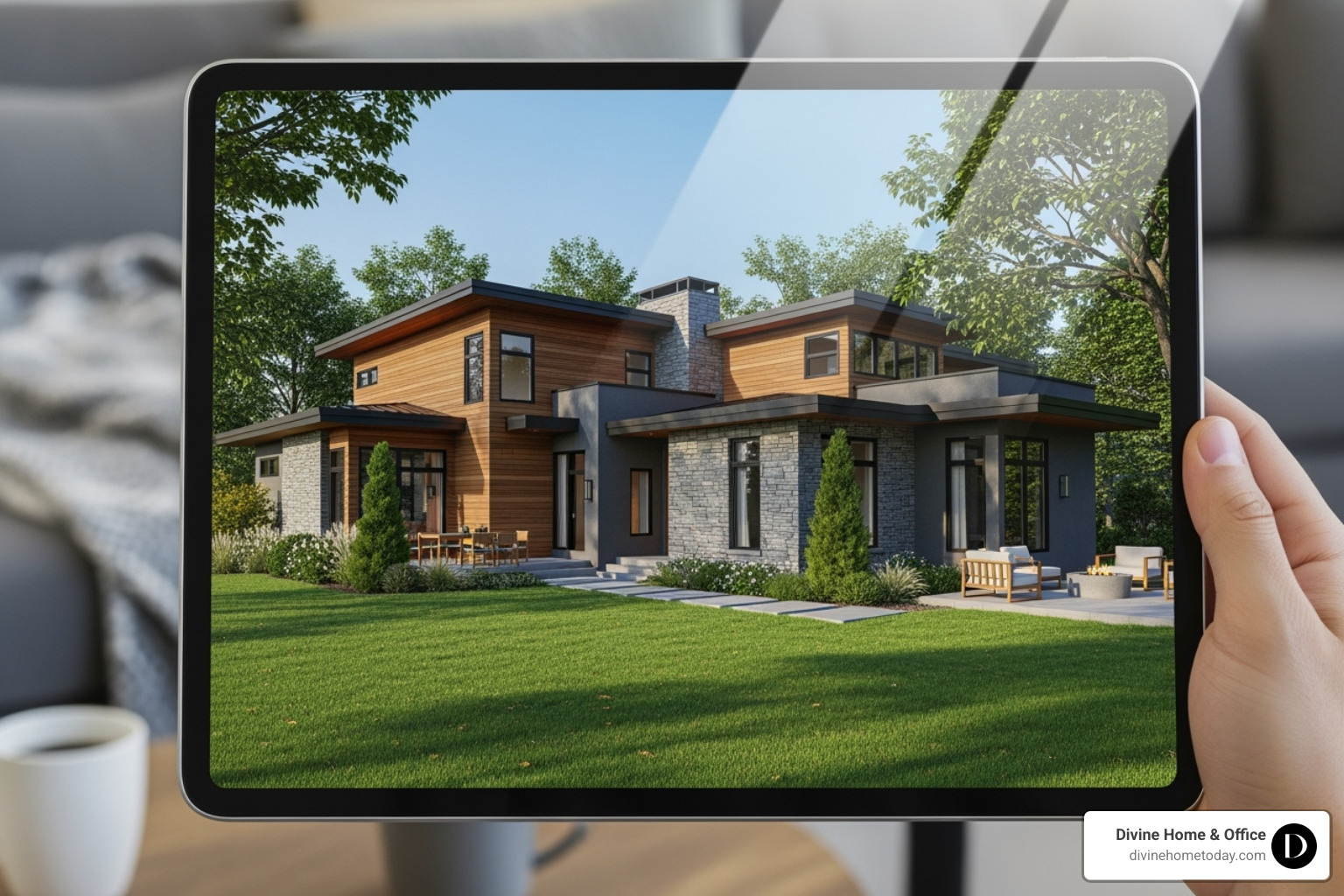 3D exterior home rendering on a tablet screen - exterior home design consultant near me