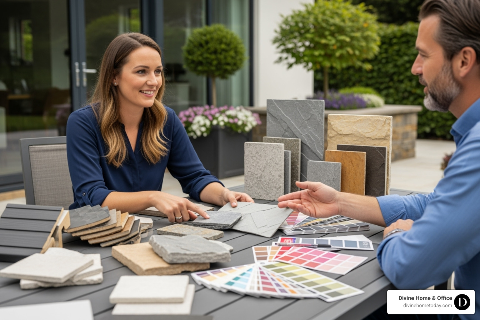 designer showing client material samples like siding, stone, and paint swatches - exterior home design consultant near me