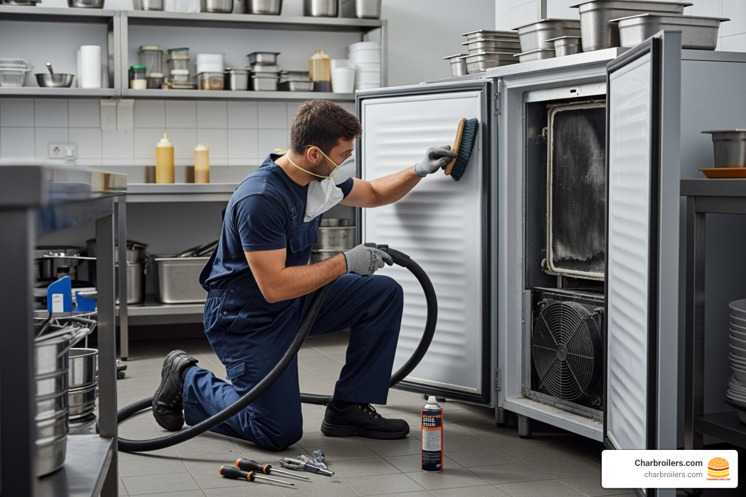 Technician cleaning condenser coils on a commercial refrigeration unit - commercial double door fridge freezer Technician cleaning condenser coils on a commercial refrigeration unit - commercial double door fridge freezer