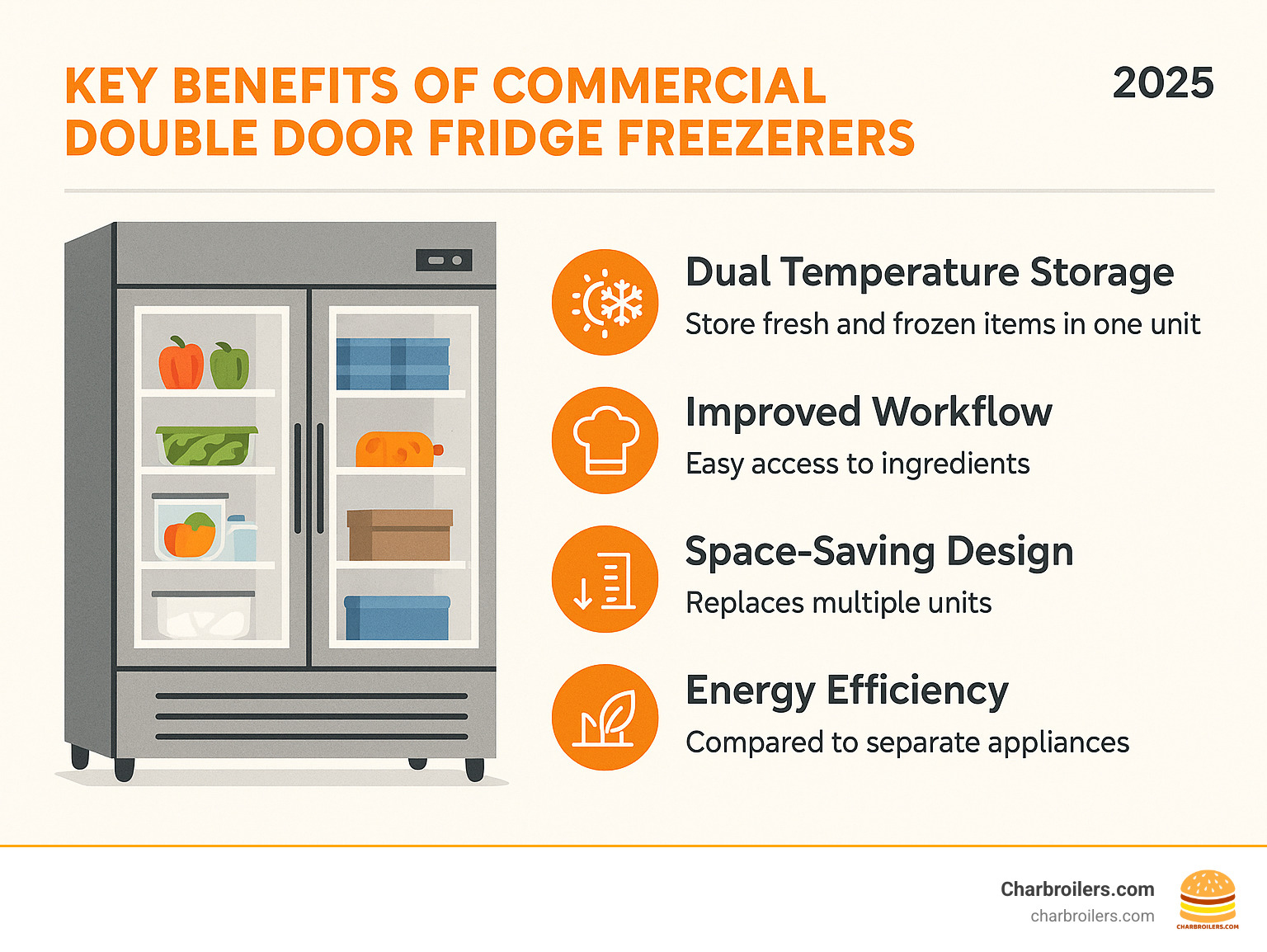 Infographic showing commercial double door fridge freezer benefits including high-capacity storage with dual temperature zones for fresh and frozen items, improved kitchen workflow with easy ingredient access, space-saving design that replaces multiple units, energy efficiency compared to separate appliances, and food safety compliance with precise temperature control - commercial double door fridge freezer infographic Infographic showing commercial double door fridge freezer benefits including high-capacity storage with dual temperature zones for fresh and frozen items, improved kitchen workflow with easy ingredient access, space-saving design that replaces multiple units, energy efficiency compared to separate appliances, and food safety compliance with precise temperature control - commercial double door fridge freezer infographic