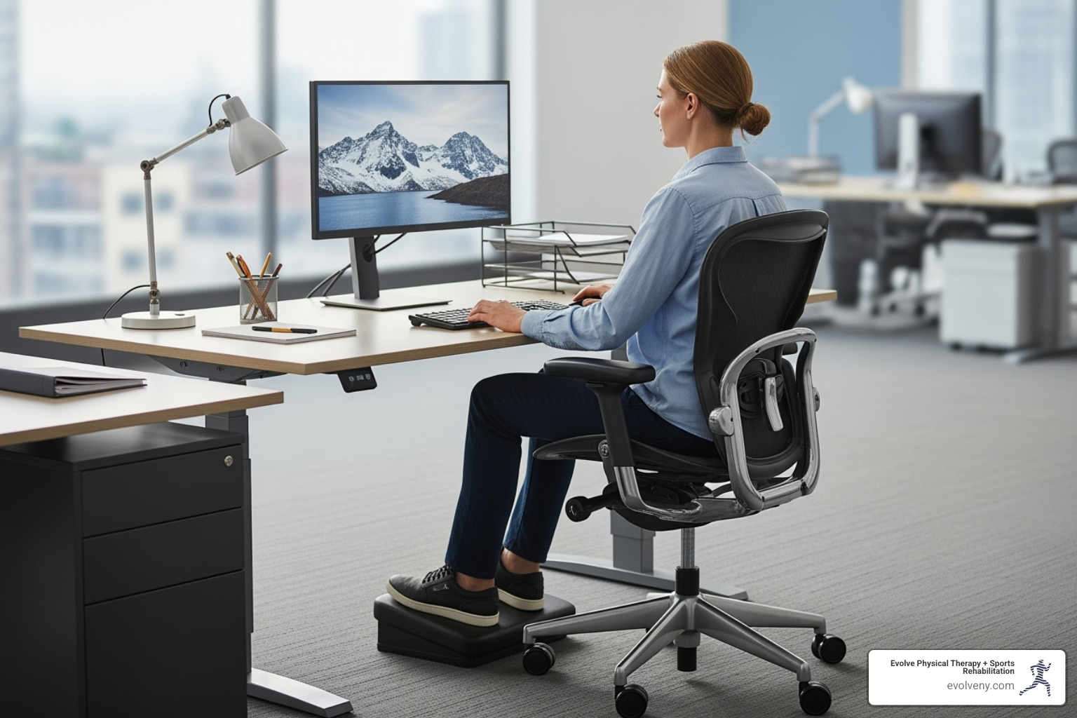 complete ergonomic workstation setup highlighting key adjustment points - proper posture at work