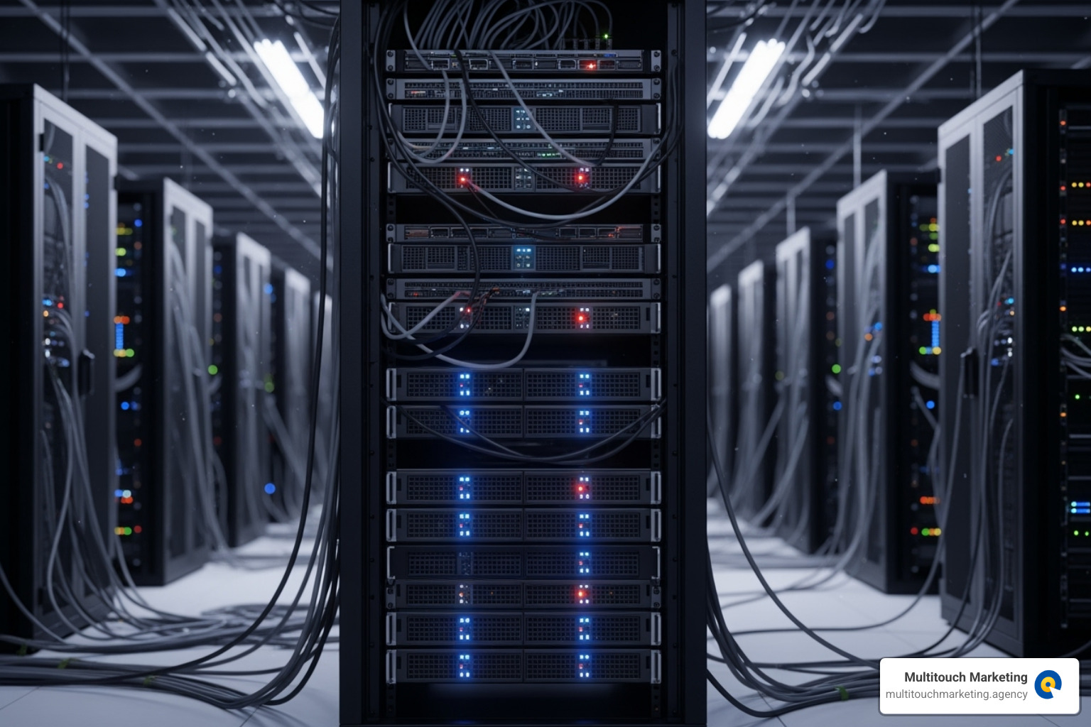 Server rack with glowing lights representing website hosting infrastructure - website management services cost Server rack with glowing lights representing website hosting infrastructure - website management services cost