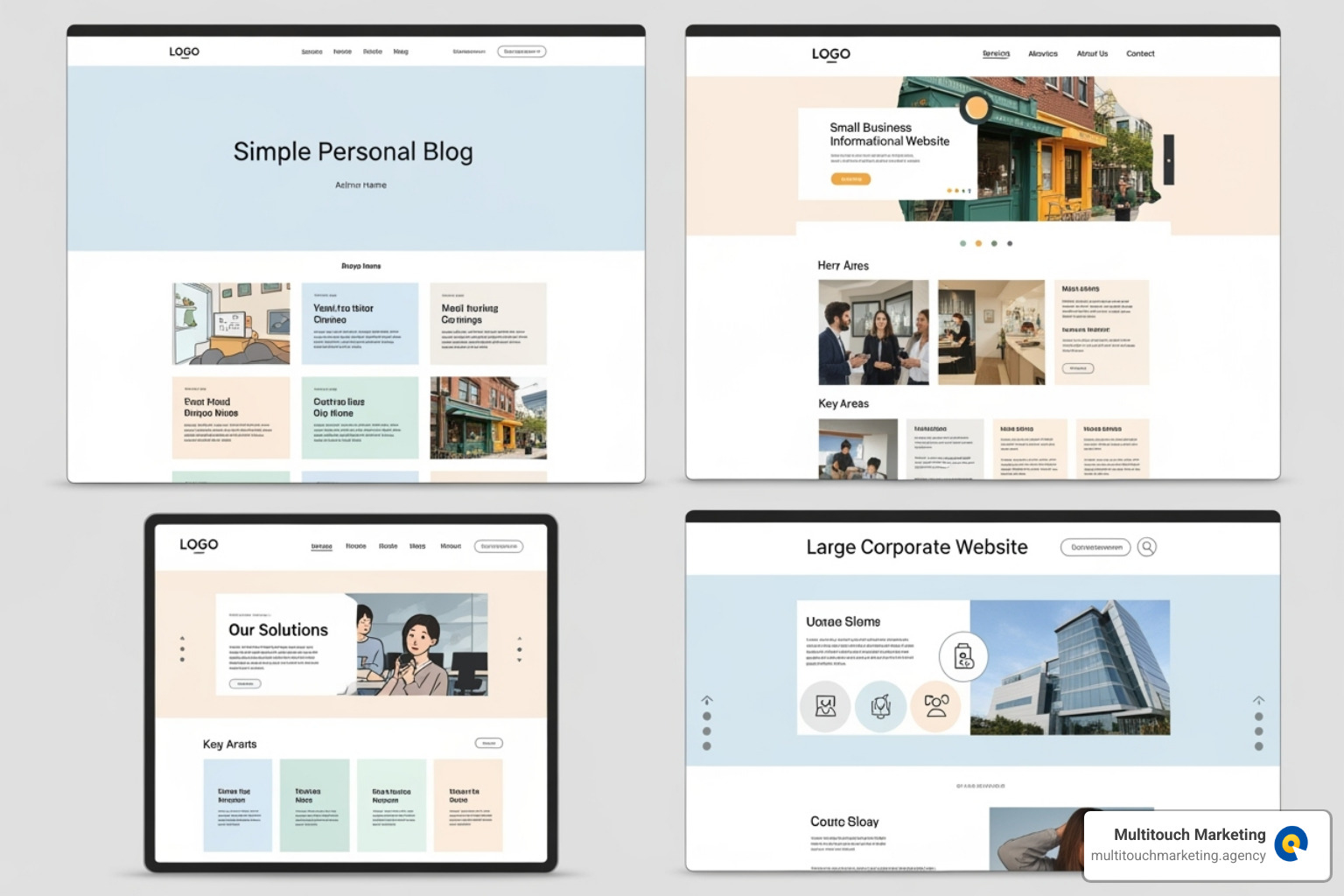 Illustrations of different website types: a simple blog, a small business website, a corporate website, and an e-commerce store - website management services cost Illustrations of different website types: a simple blog, a small business website, a corporate website, and an e-commerce store - website management services cost