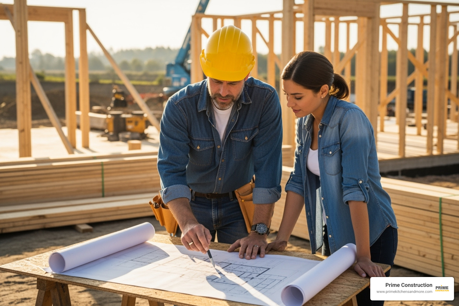 A contractor and homeowner reviewing blueprints on a construction site - home remodeling orlando fl