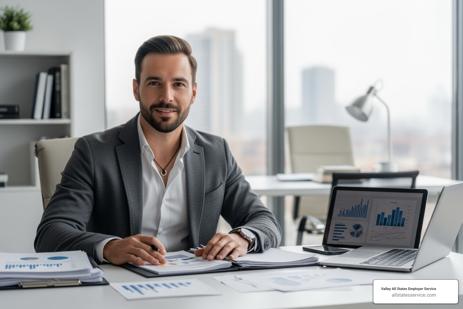 Image of a business owner feeling confident reviewing documents - e verify mandatory Image of a business owner feeling confident reviewing documents - e verify mandatory