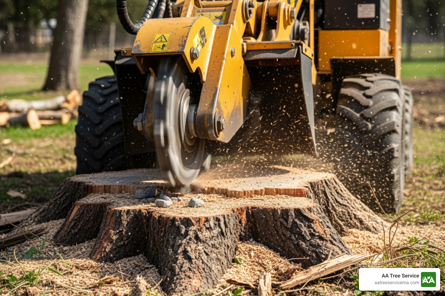a professional stump grinder in action - stump grinding service