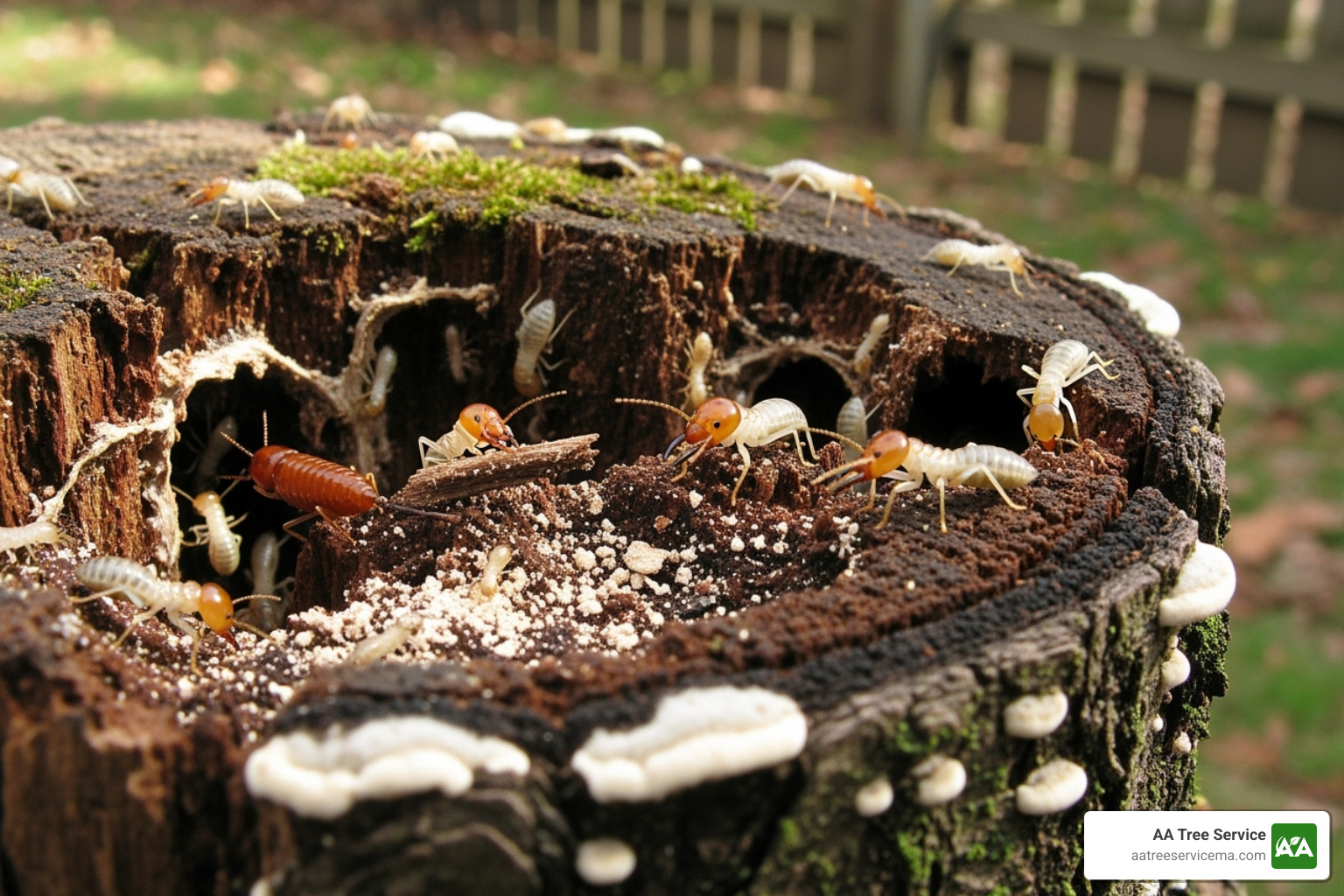 Termites on a rotting tree stump - stump grinding service