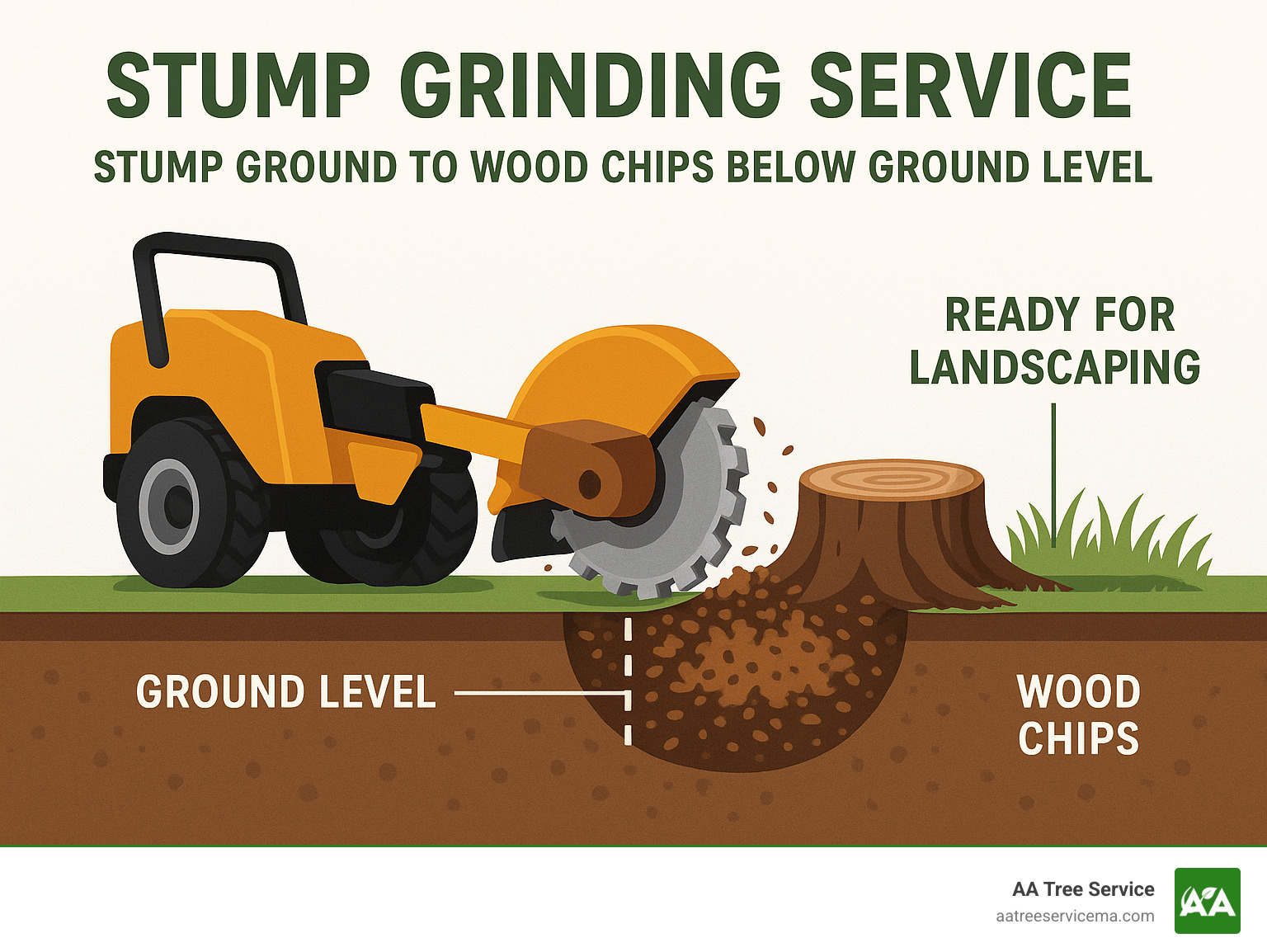 Infographic showing stump grinding process: stump grinder machine with rotating cutting wheel reduces tree stump to wood chips below ground level, leaving area ready for landscaping - stump grinding service infographic 
