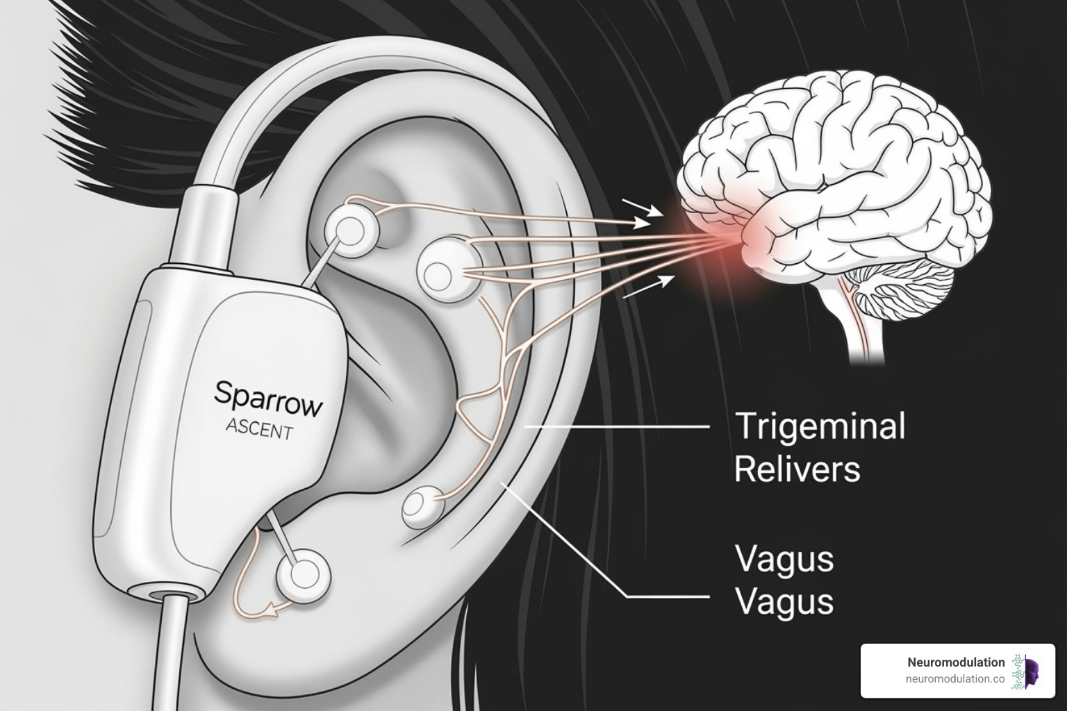 Detailed illustration of the Sparrow Ascent device on a patient's ear, showing the precise placement of electrodes to stimulate the trigeminal and vagus cranial nerves, with arrows indicating the neural pathways to the brain's pain-relieving and mood-regulating centers, demonstrating the non-invasive neurostimulation mechanism - Spark Bio Medical