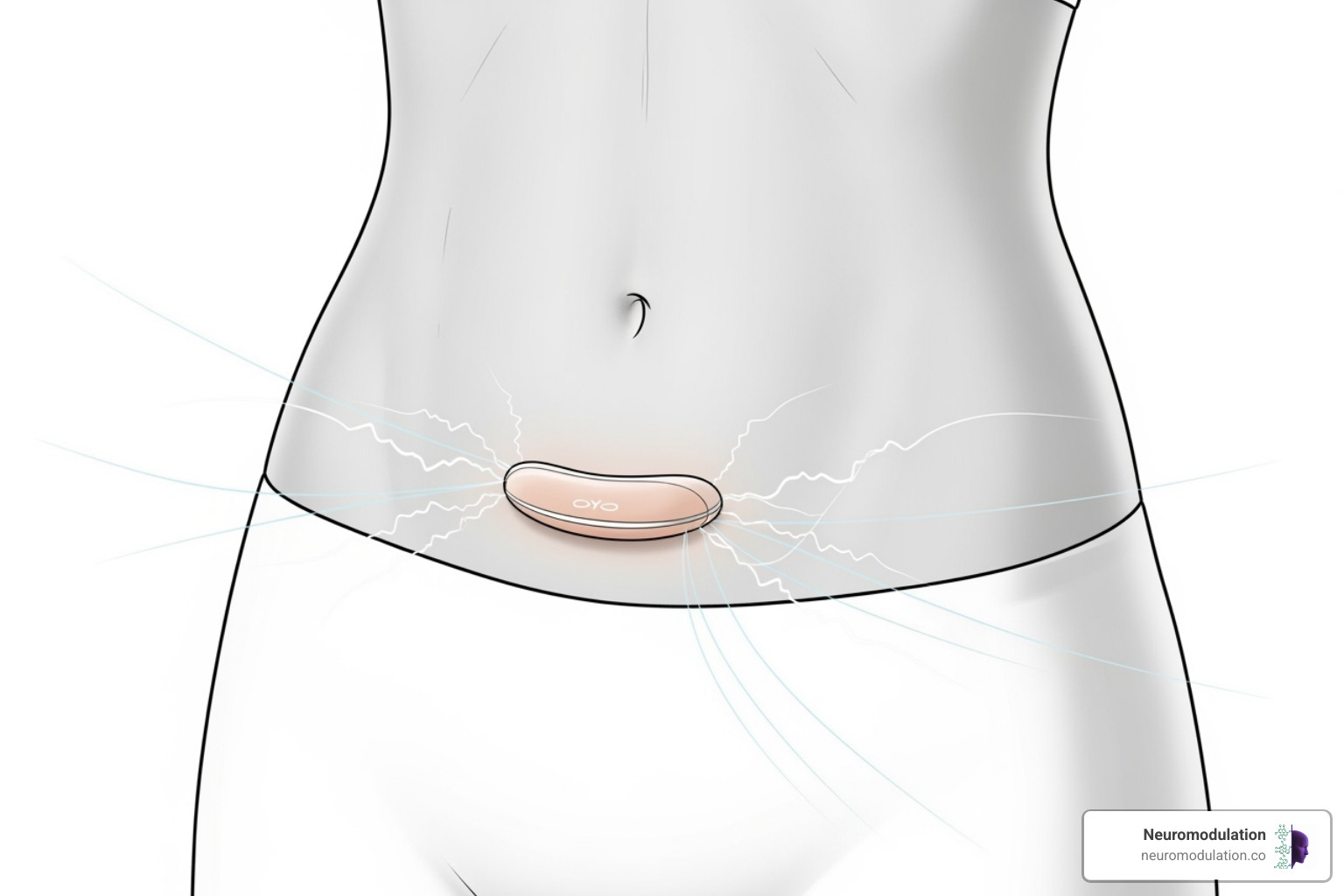 Conceptual illustration of the OhmBody device, a wearable neurostimulation device designed for women's health, showing its discreet placement, gentle electrical impulses, and how it targets neural pathways to provide hormone-free relief for menstrual pain and heavy flow - Spark Bio Medical
