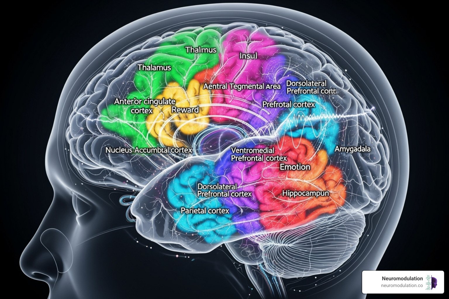 Detailed illustration of a brain scan highlighting neural pathways and regions targeted by neurostimulation, including areas associated with pain perception, reward, emotion regulation, and cognitive control, demonstrating how neurostimulation can modulate these networks for therapeutic benefit - Spark Bio Medical