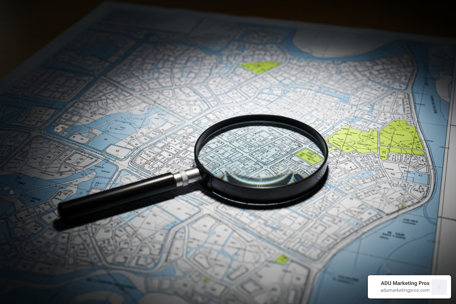 a blueprint or zoning map with a magnifying glass over it, symbolizing the search for legal placement. - bay area tiny house community
