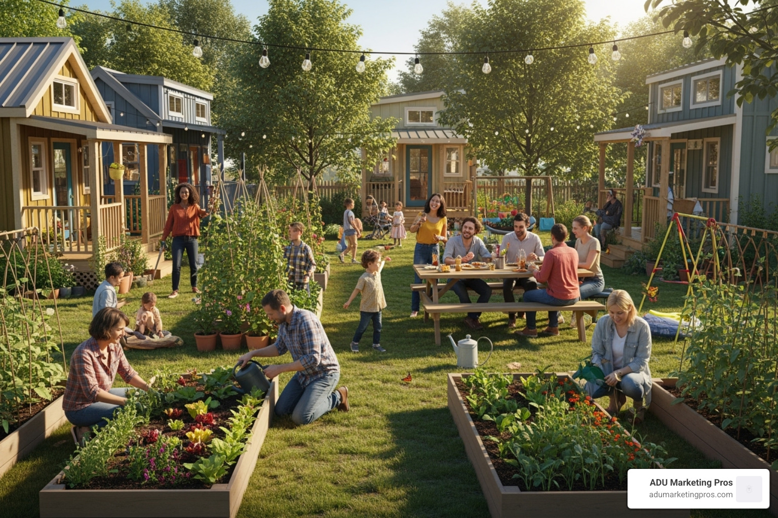 a shared garden or common area within a tiny house village, with people interacting. - bay area tiny house community