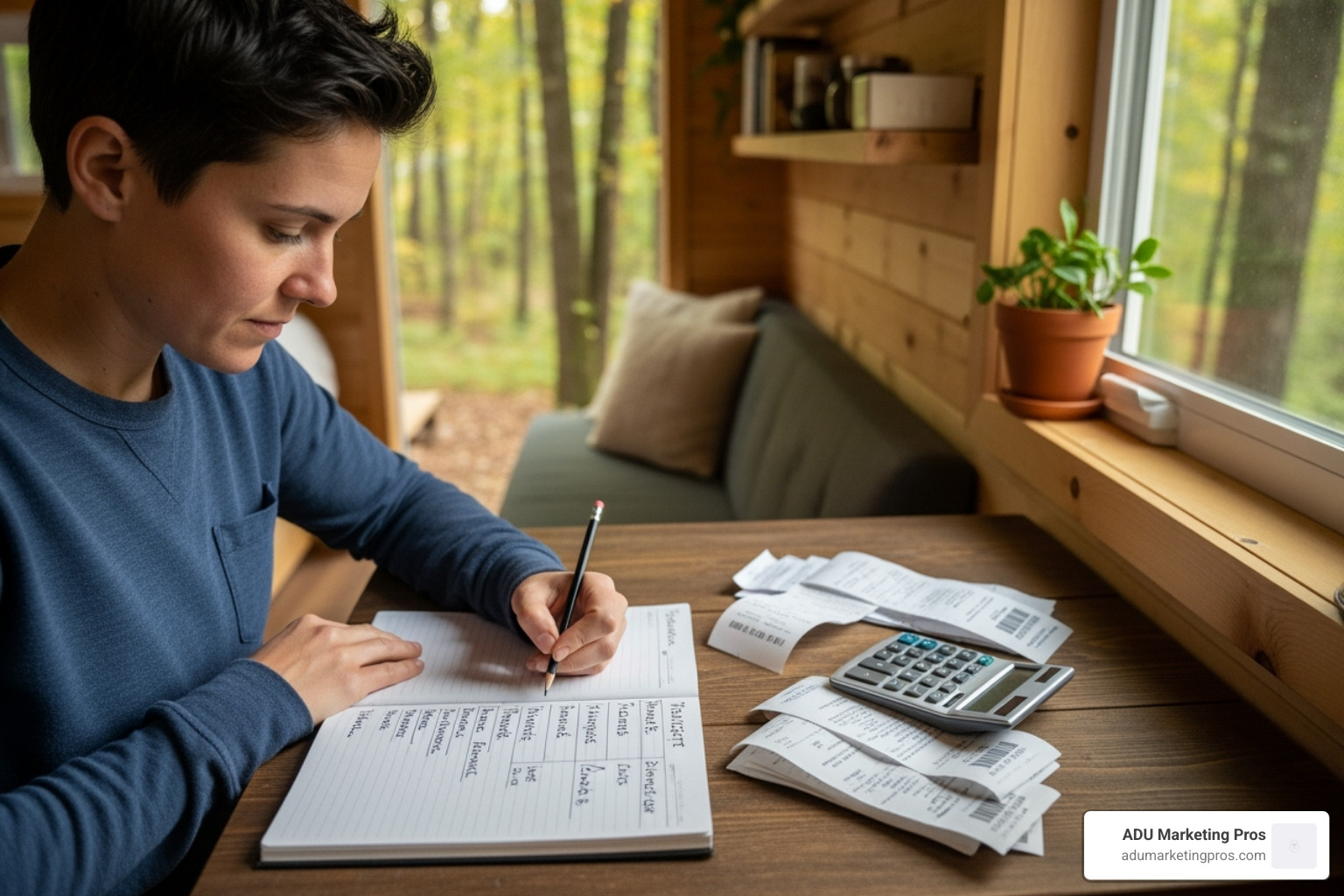 a person sketching out a budget for their tiny home, with receipts and a calculator nearby. - bay area tiny house community