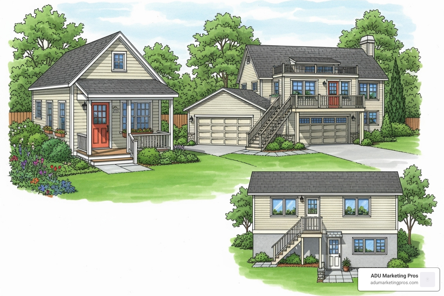 Illustration showing three types of ADUs: a detached backyard cottage, an above-garage apartment, and a converted basement unit, each with distinct features - Fannie Mae ADU