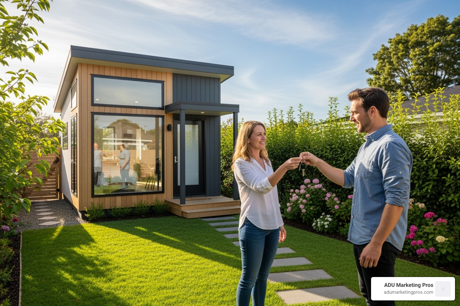A homeowner hands keys to a tenant in front of a beautiful, modern ADU, symbolizing the potential for rental income - Fannie Mae ADU