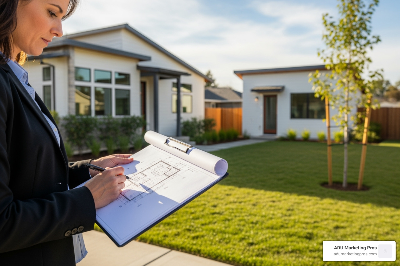 An appraiser reviews blueprints and takes notes on a clipboard in front of a home with an ADU, symbolizing the detailed appraisal process - Fannie Mae ADU