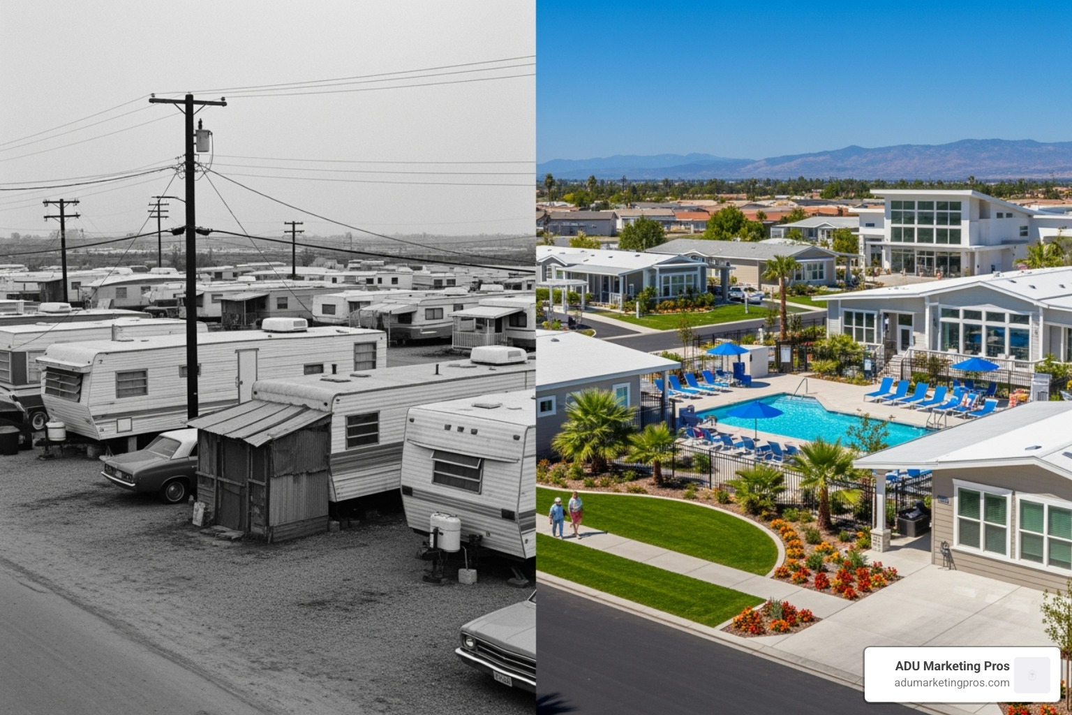 Image contrasting a vintage black-and-white photo of a basic "trailer park" with a color photo of a contemporary, resort-style "manufactured housing community" - Mobile home parks