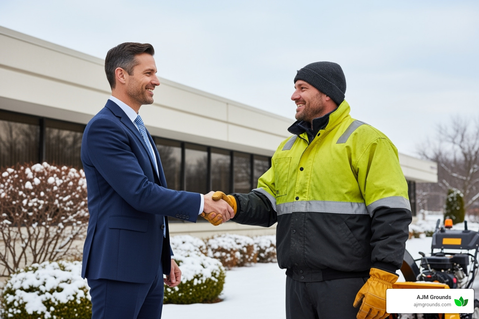 A business owner shaking hands with a snow removal professional, both smiling - snow removal contractors