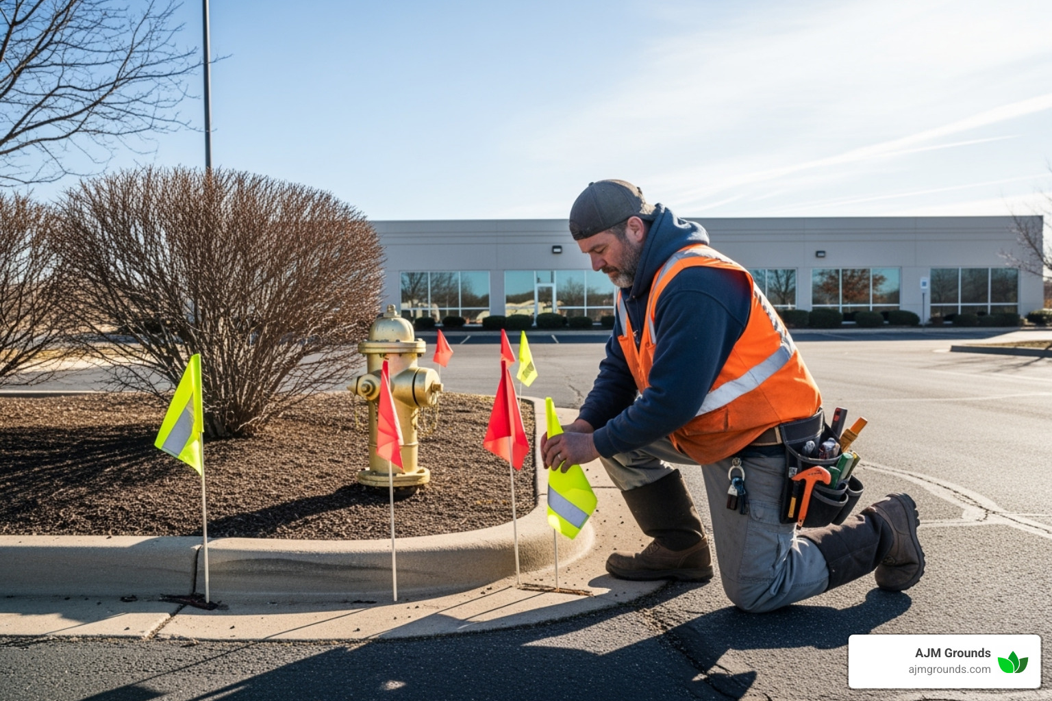 A snow removal contractor marking hazards on a commercial property before the season, using brightly colored flags - snow removal contractors