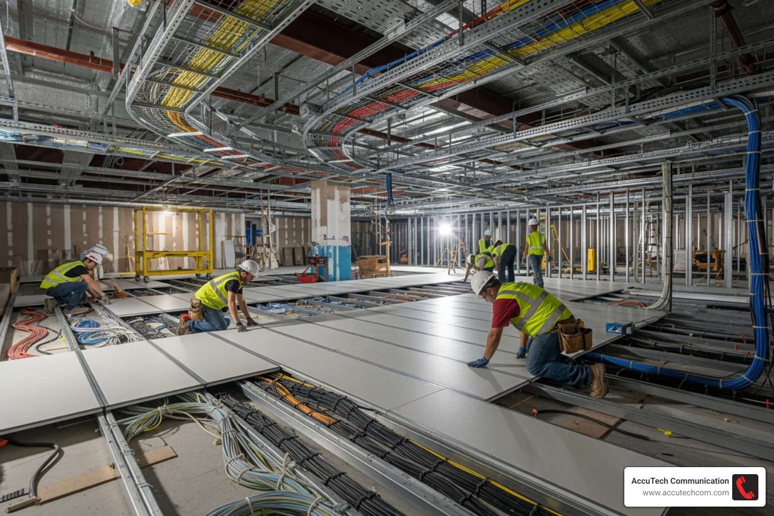 Data center under construction showing raised flooring and cable trays - data center installation Data center under construction showing raised flooring and cable trays - data center installation