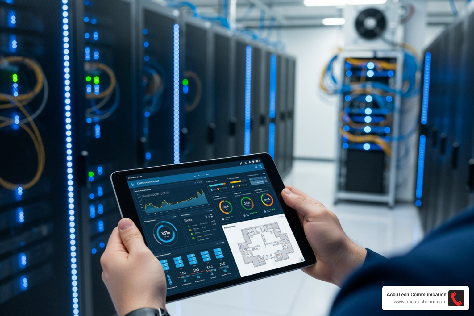 DCIM dashboard on a tablet inside a data center - data center installation DCIM dashboard on a tablet inside a data center - data center installation