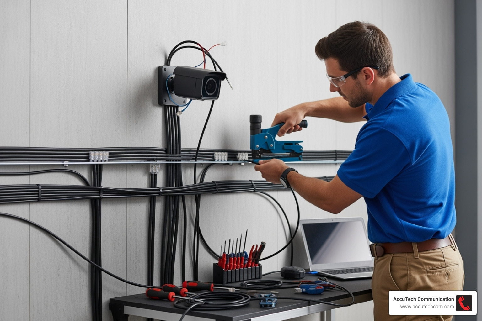 technician neatly installing cabling for a CCTV system - Commercial CCTV Installers