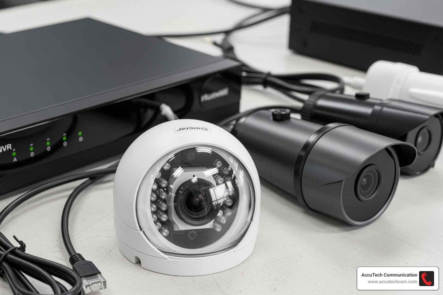 various CCTV components like a dome camera, a bullet camera, and an NVR - Commercial CCTV Installers