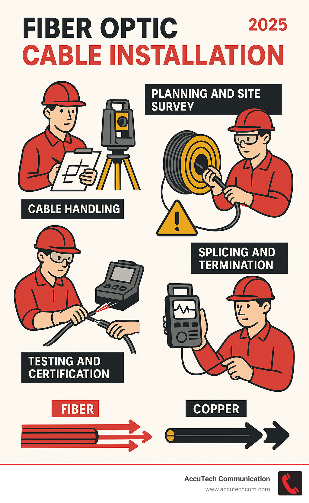 Comprehensive infographic showing fiber optic cable installation process from planning through testing, including tool requirements, safety protocols, and performance comparisons between fiber and copper cables - Fiber optic cable installation service infographic 