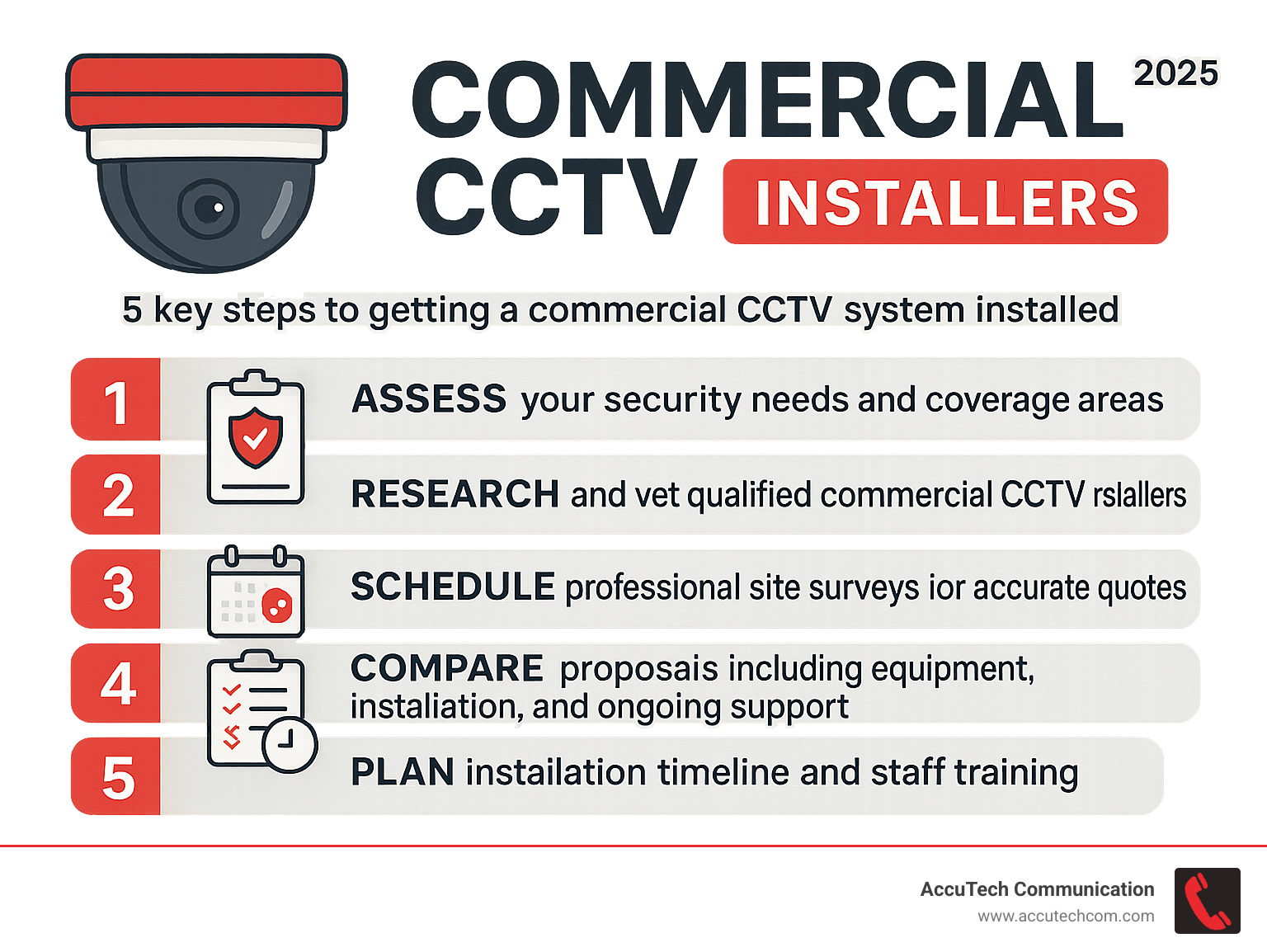 Infographic showing the 5 key steps to getting a commercial CCTV system installed: 1. Assess your security needs and coverage areas, 2. Research and vet qualified commercial CCTV installers, 3. Schedule professional site surveys for accurate quotes, 4. Compare proposals including equipment, installation, and ongoing support, 5. Plan installation timeline and staff training - Commercial CCTV Installers infographic 
