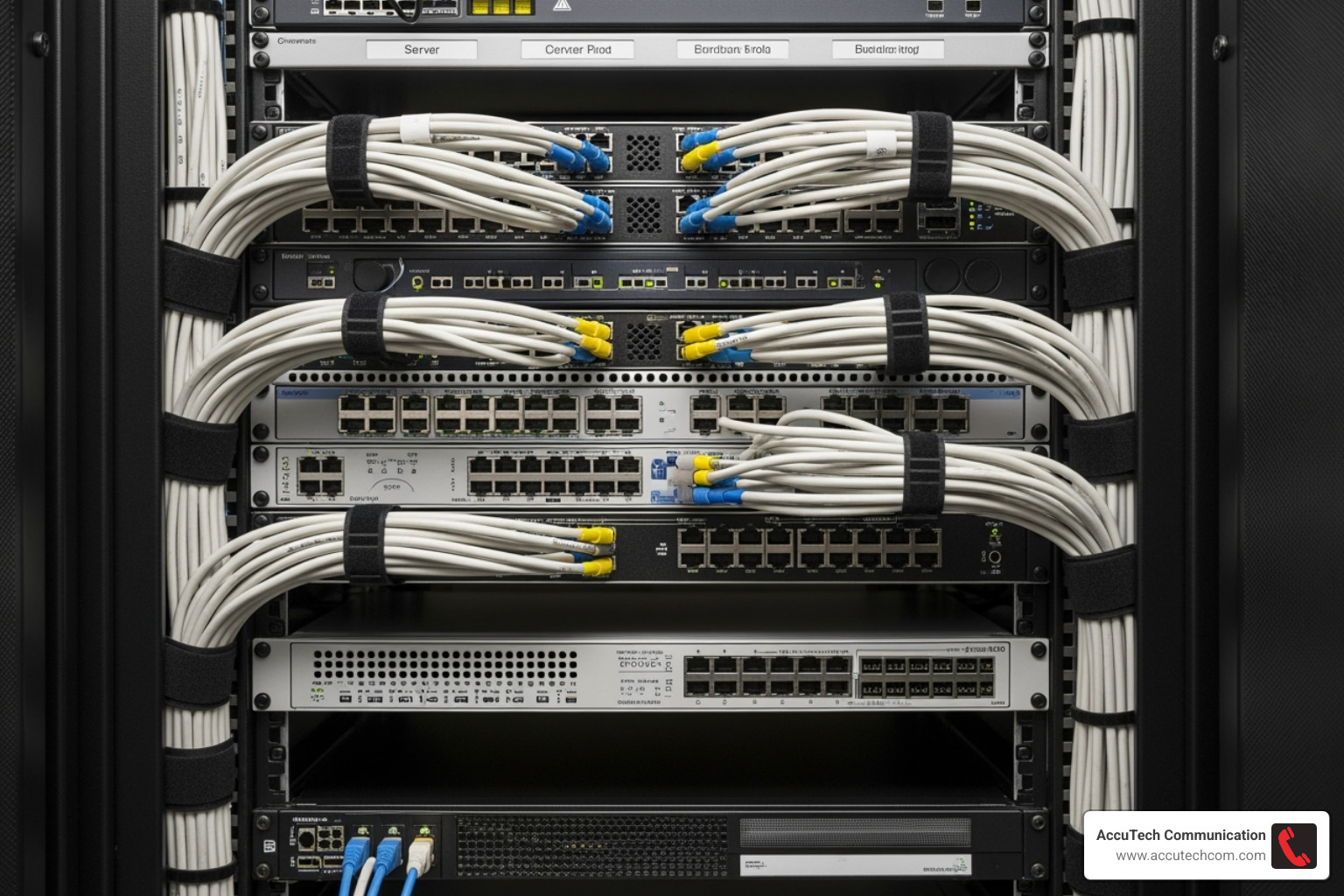 A perfectly organized and labeled server rack with clean cable management, showcasing a professional installation - low voltage cable installer A perfectly organized and labeled server rack with clean cable management, showcasing a professional installation - low voltage cable installer