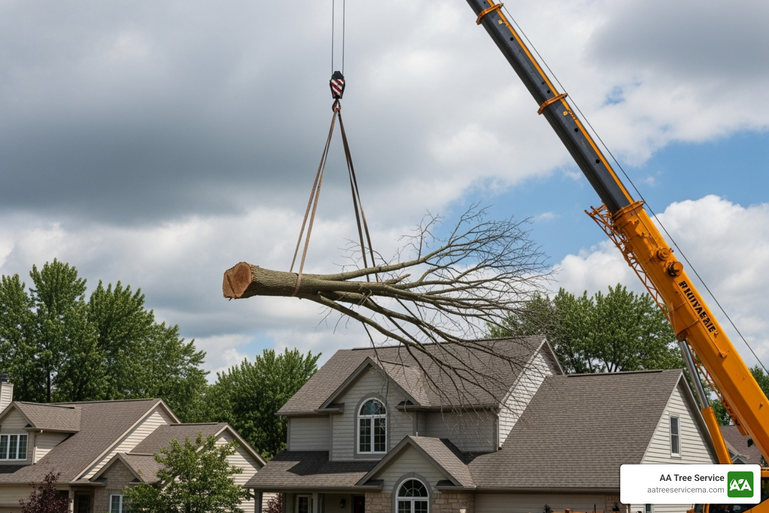 Large tree section being lifted by a crane over a house - Emergency Tree Removal Wakefield MA Large tree section being lifted by a crane over a house - Emergency Tree Removal Wakefield MA