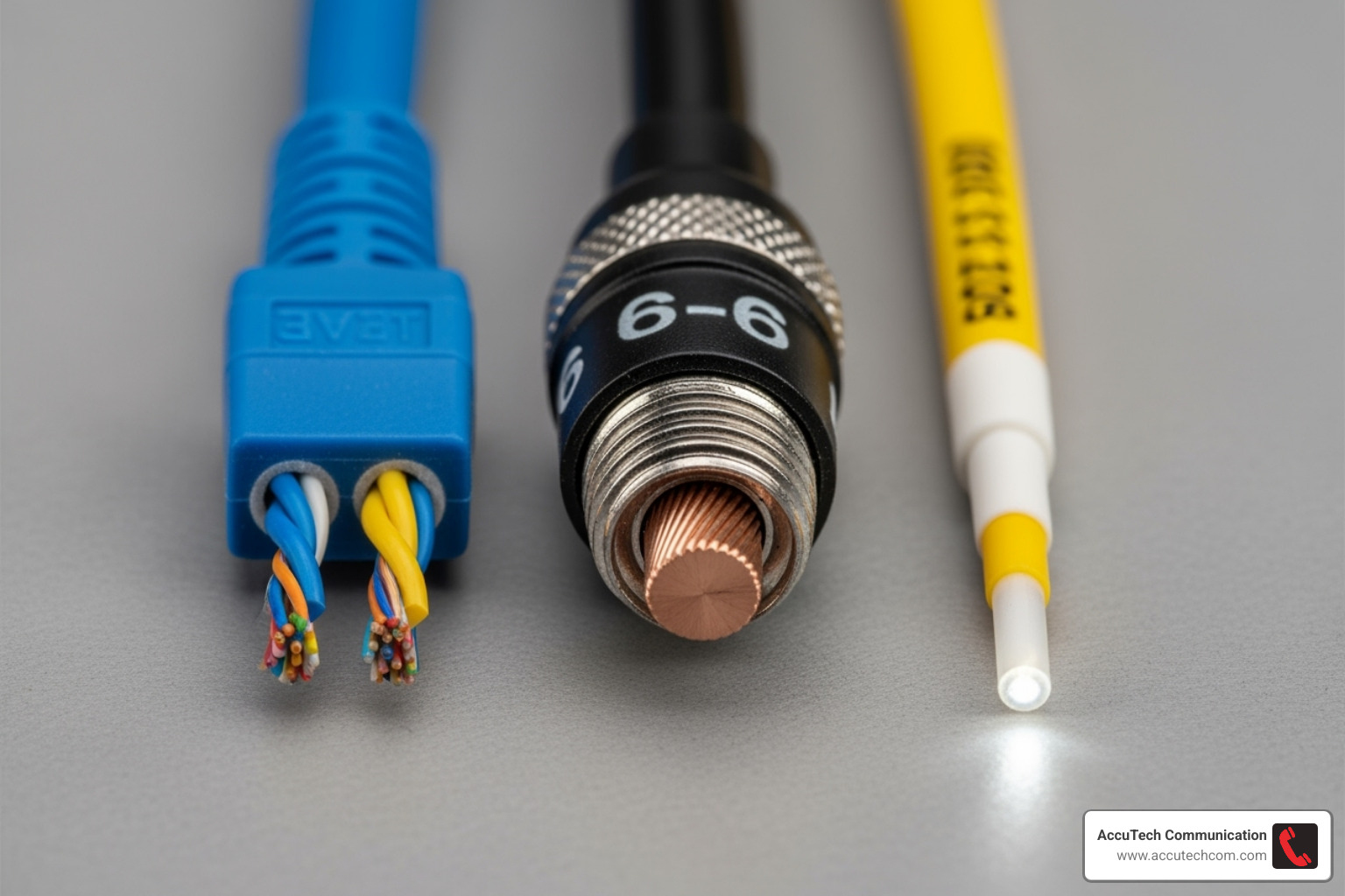 Various low voltage cables like Cat6, Coaxial, and Fiber Optic side-by-side - low voltage cable installer Various low voltage cables like Cat6, Coaxial, and Fiber Optic side-by-side - low voltage cable installer
