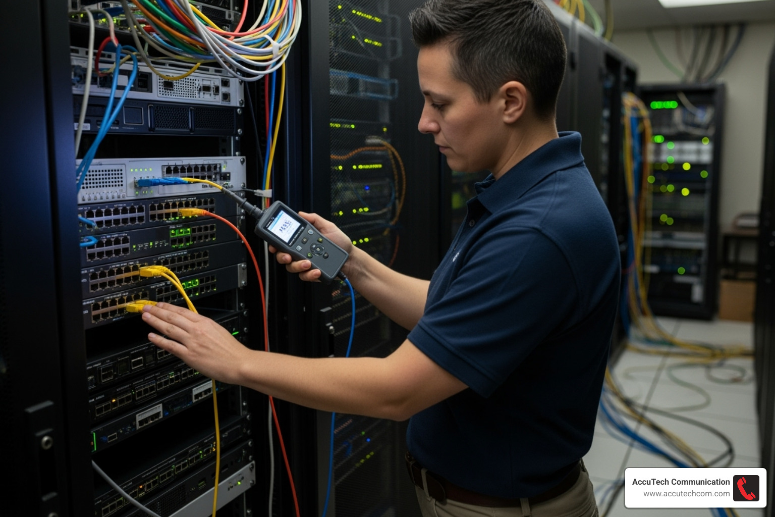 A technician using a network cable tester on a patch panel, ensuring proper connectivity - low voltage cable installer A technician using a network cable tester on a patch panel, ensuring proper connectivity - low voltage cable installer