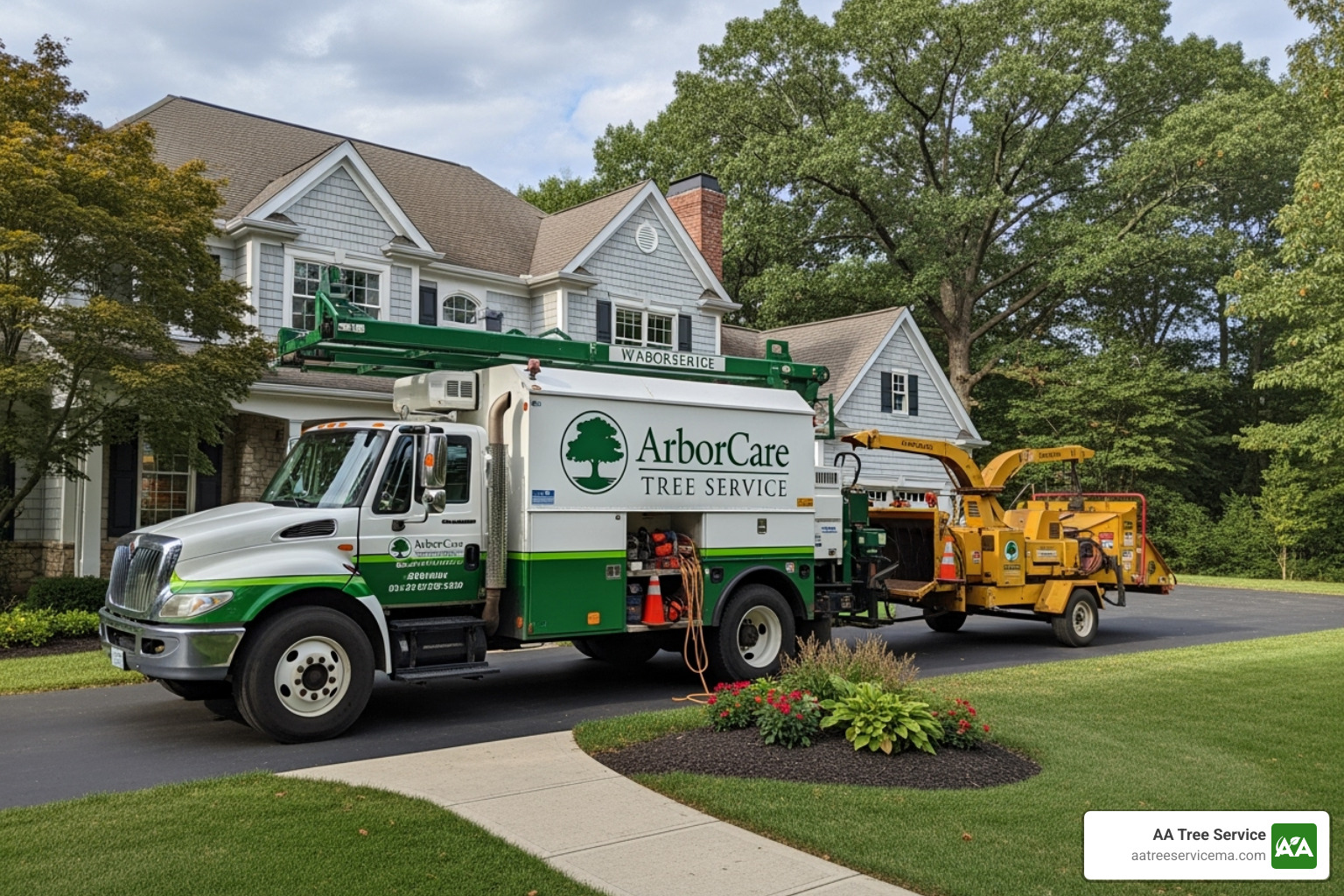 Branded truck and uniformed crew member providing a quote to a homeowner - Emergency Tree Removal Wakefield MA Branded truck and uniformed crew member providing a quote to a homeowner - Emergency Tree Removal Wakefield MA
