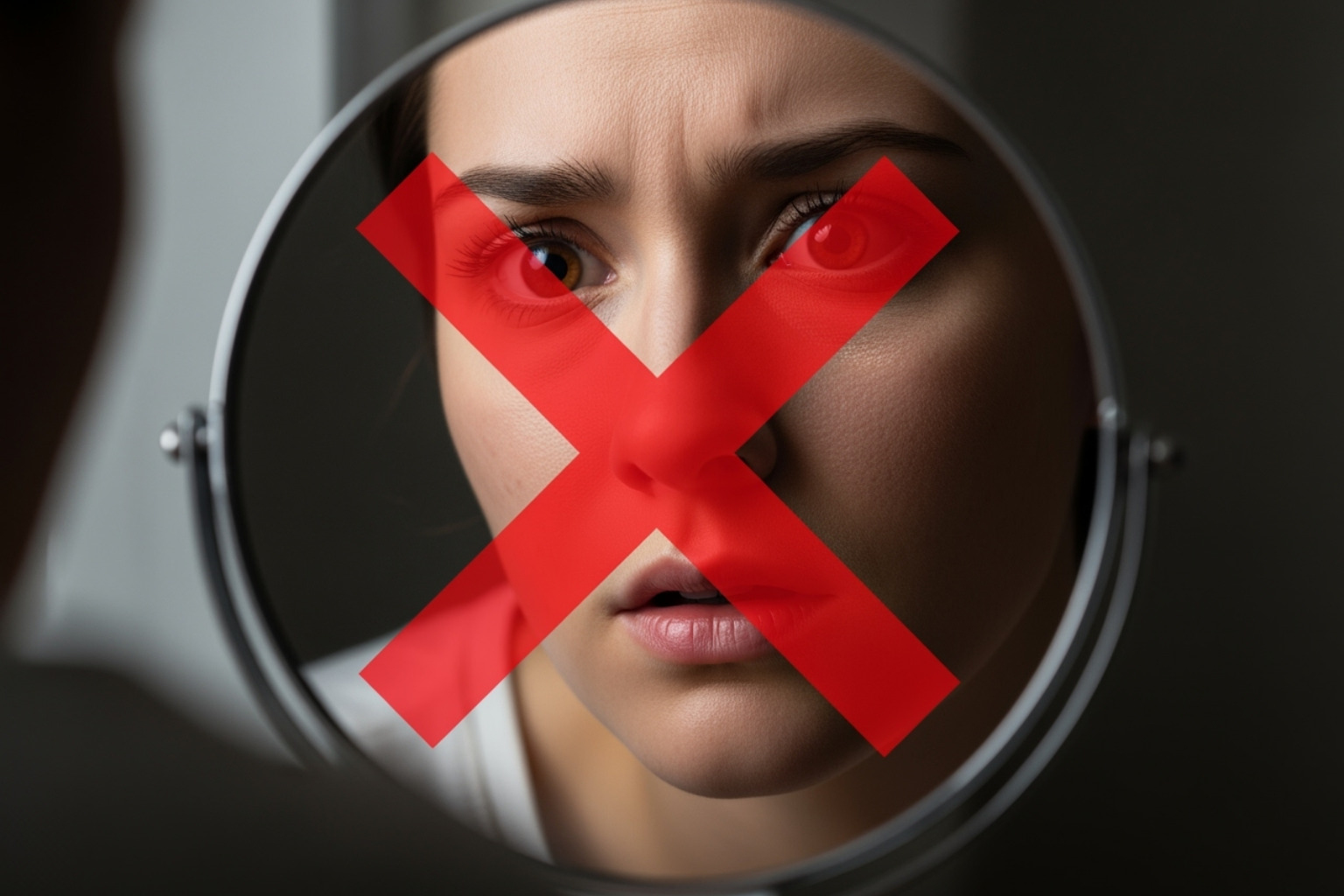 Person looking closely in a magnifying mirror with a red cross over it - procedure to minimize pores