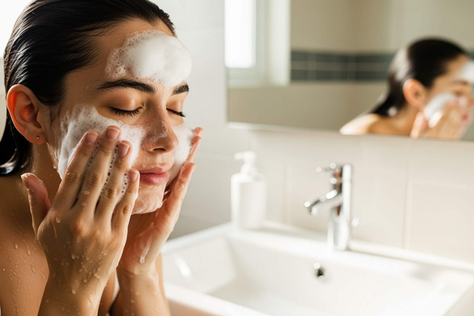 Someone gently washing their face with a foaming cleanser - procedure to minimize pores