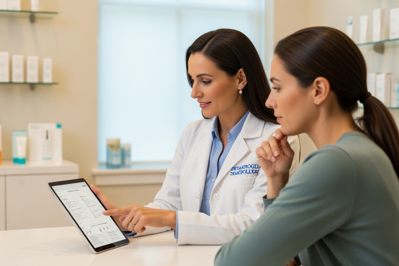 Skincare professional consulting with a client - procedure to minimize pores