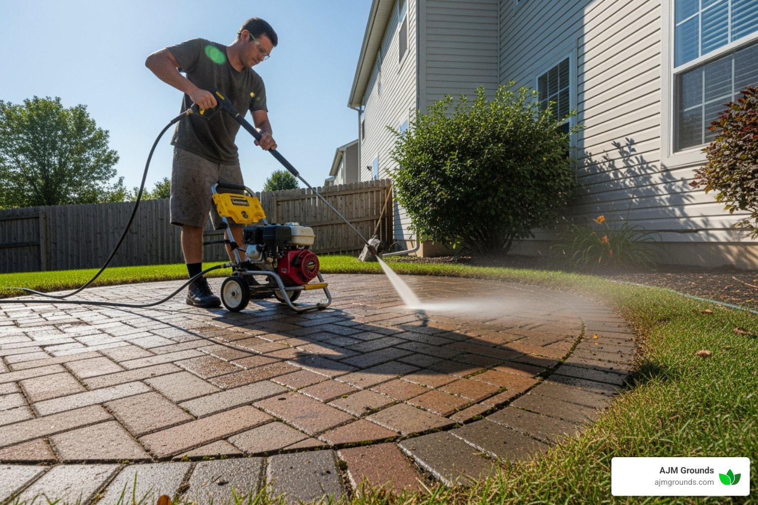 Person cleaning a paver patio with a pressure washer - Paver Patio Installer Person cleaning a paver patio with a pressure washer - Paver Patio Installer