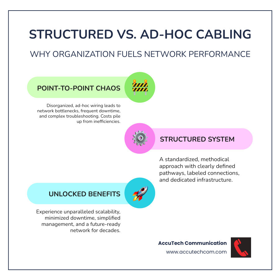 Structured cabling system components showing organized cable management versus messy point-to-point connections, highlighting entrance facilities, equipment rooms, horizontal and vertical cabling, work areas, and the improved reliability and scalability of professional installation - Data cabling installation infographic infographic-line-3-steps-colors