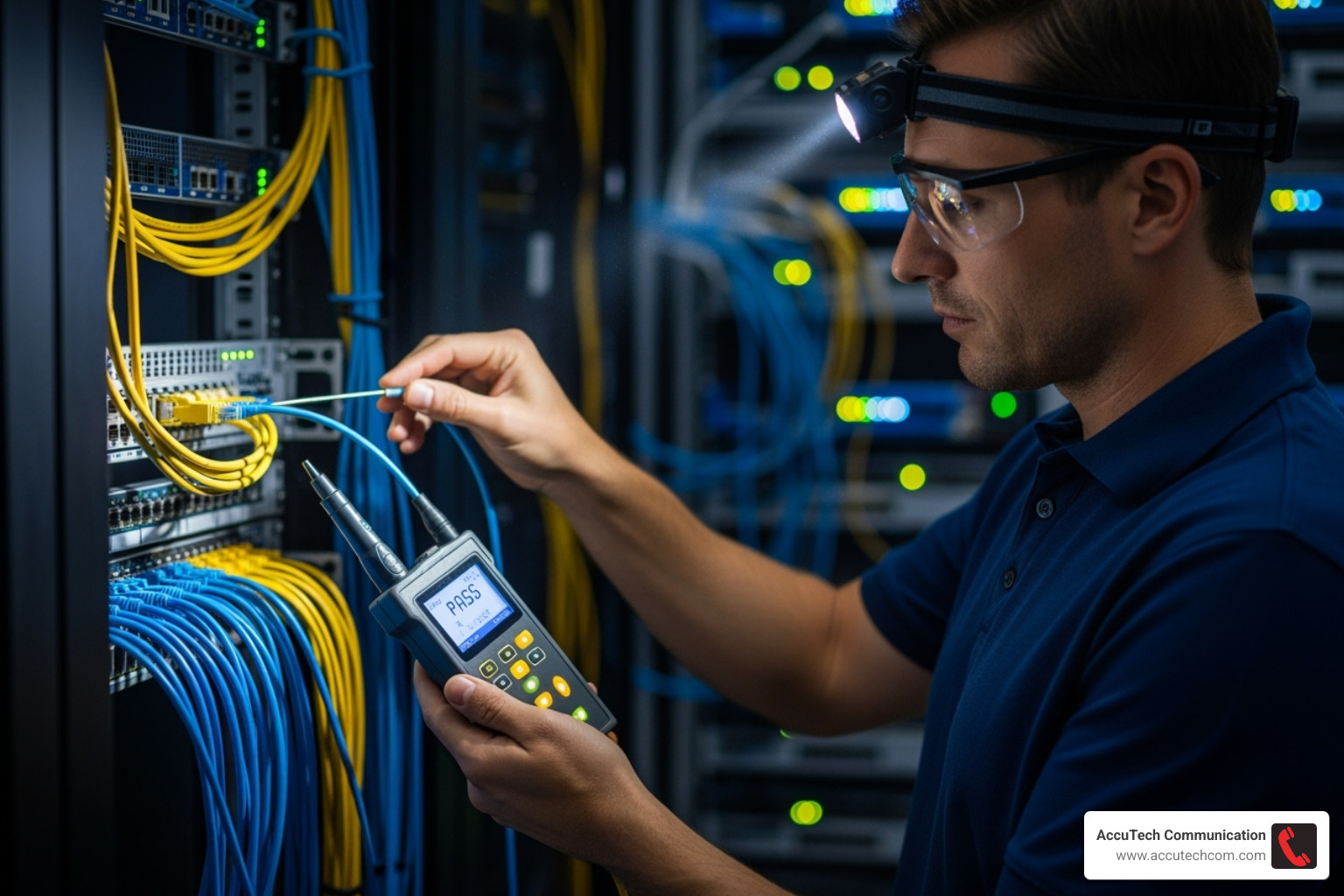 Professional installer testing cable connections - Data cabling installation