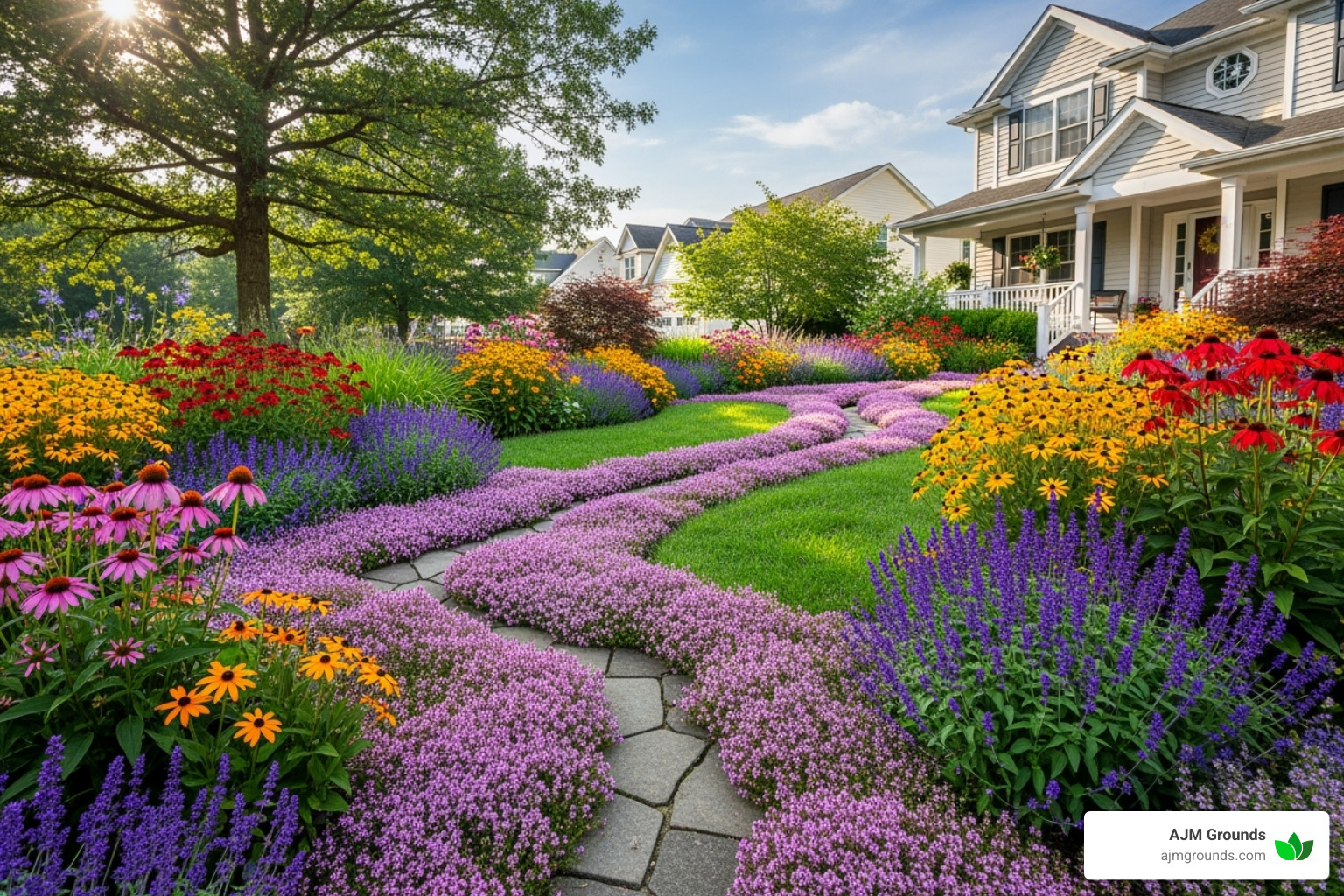 vibrant front yard with creeping thyme pathways and perennial garden beds integrated with grass - Front yard grass