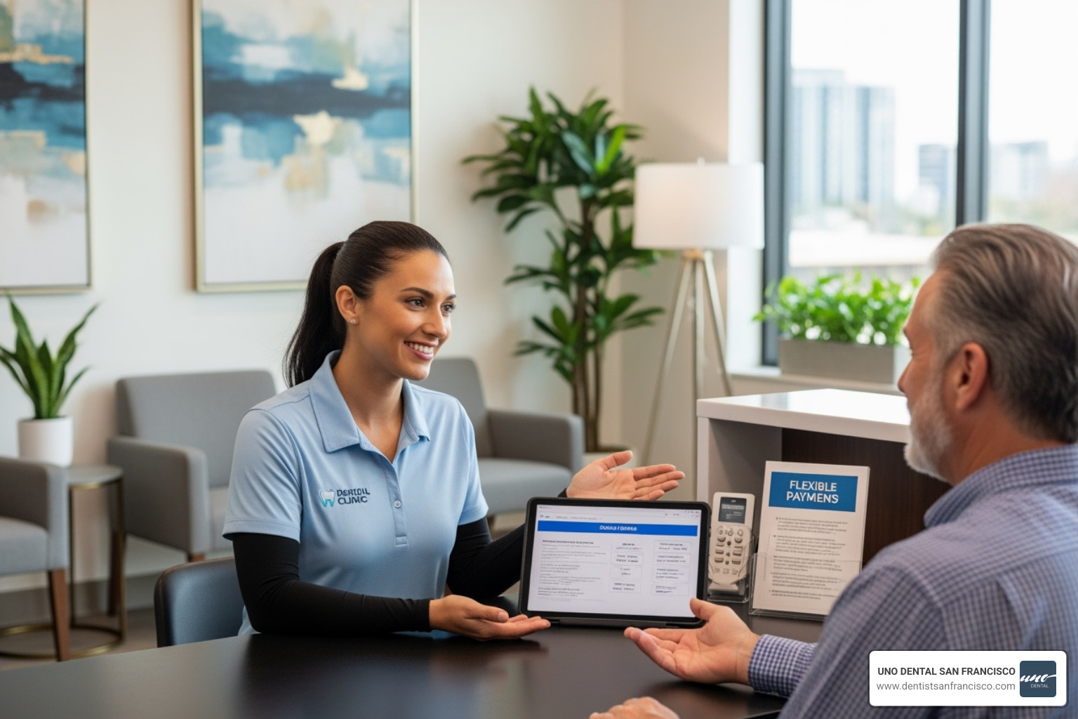 patient services coordinator discussing a payment plan with a patient - new dental patient patient services coordinator discussing a payment plan with a patient - new dental patient