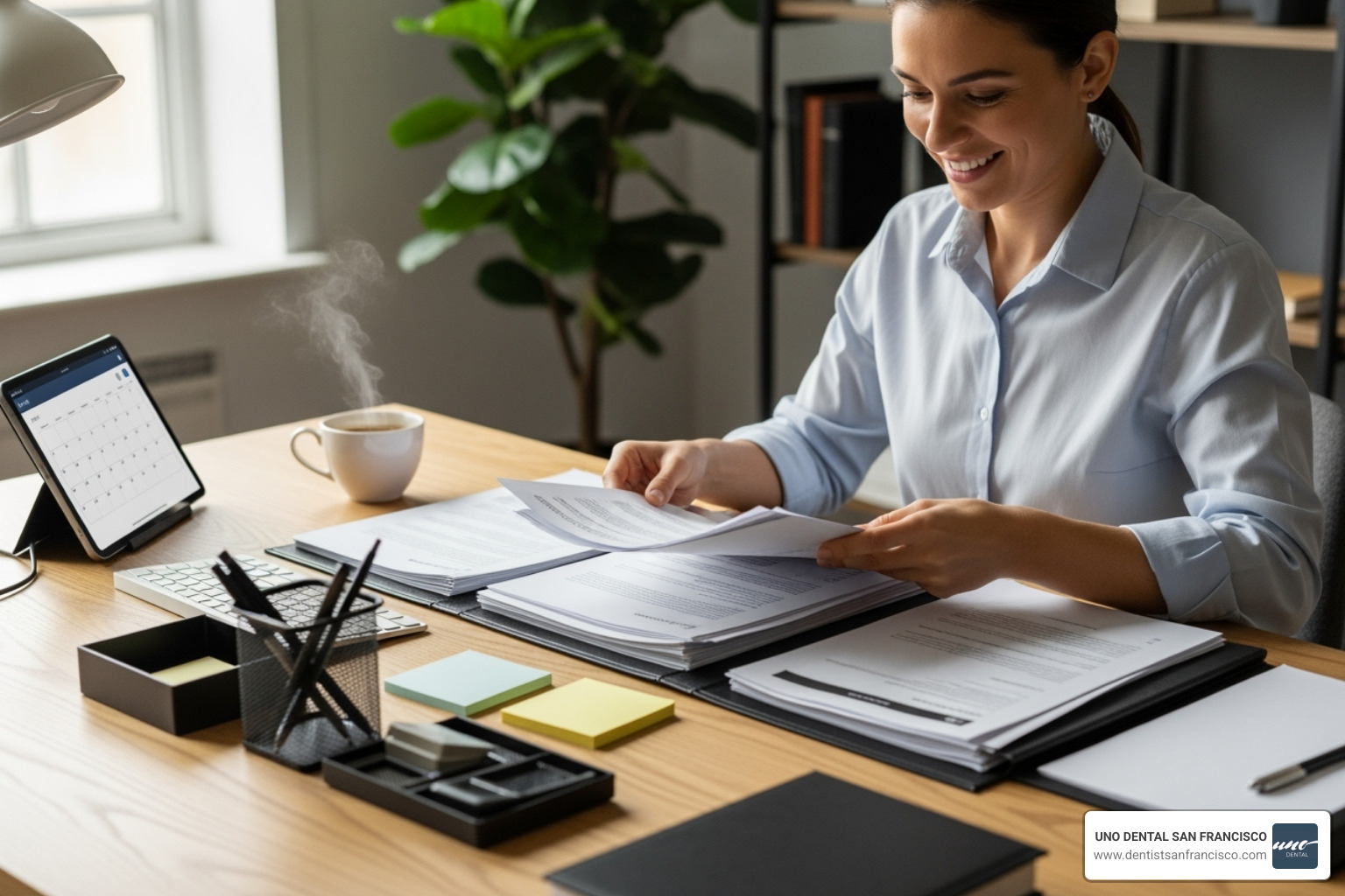 person organizing documents and smiling - new dental patient person organizing documents and smiling - new dental patient