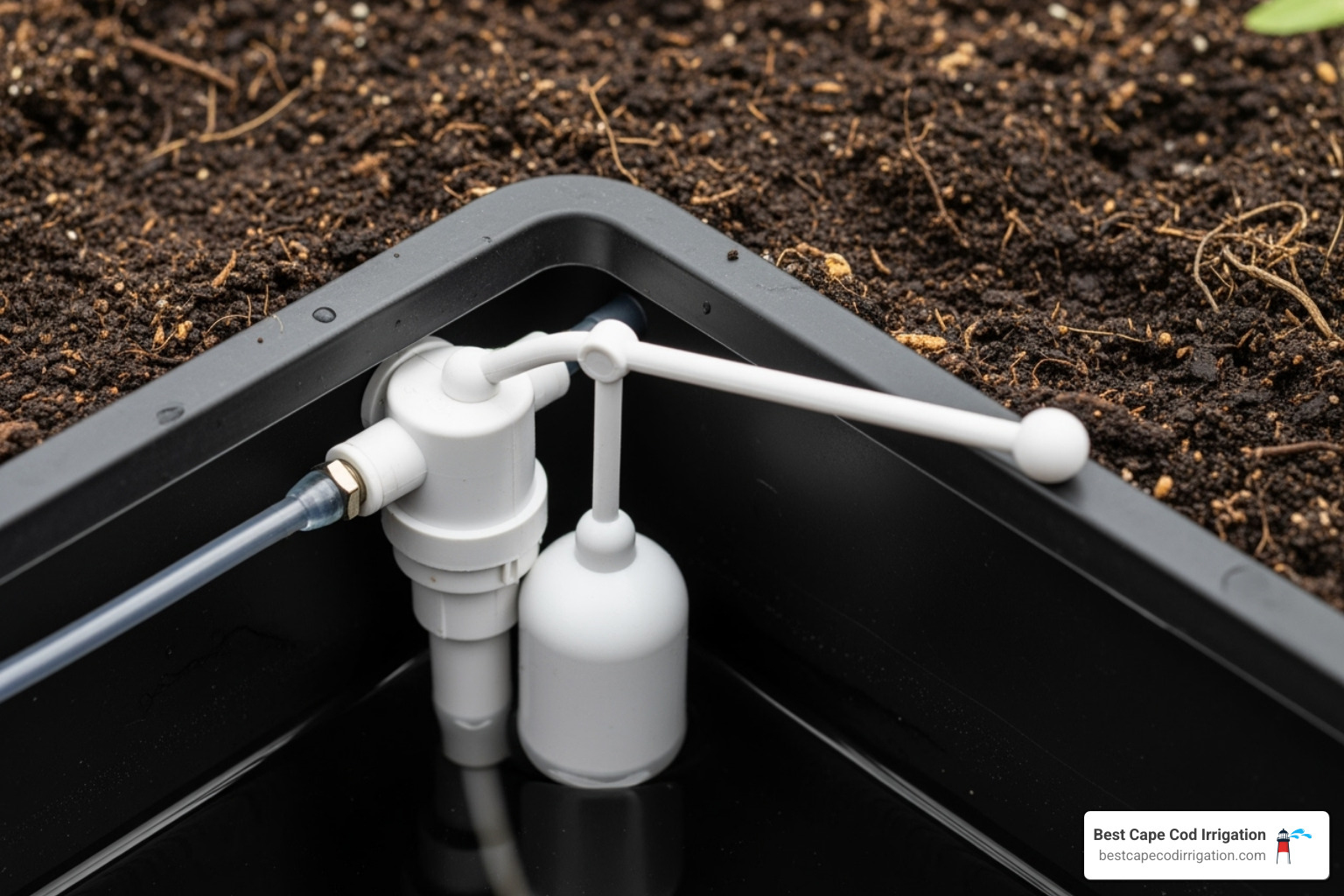 Close-up of a mini float valve installed inside an EarthBox, showing the valve body, float arm, and connection point for the water line - diy earthbox automatic watering system